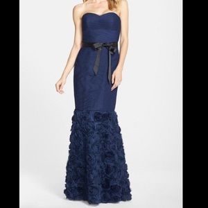 Navy Blue Sweetheart Trumpet Gown with Black Bow